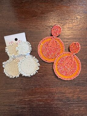Pink Lily Coral & White Beaded Drop Earrings Set